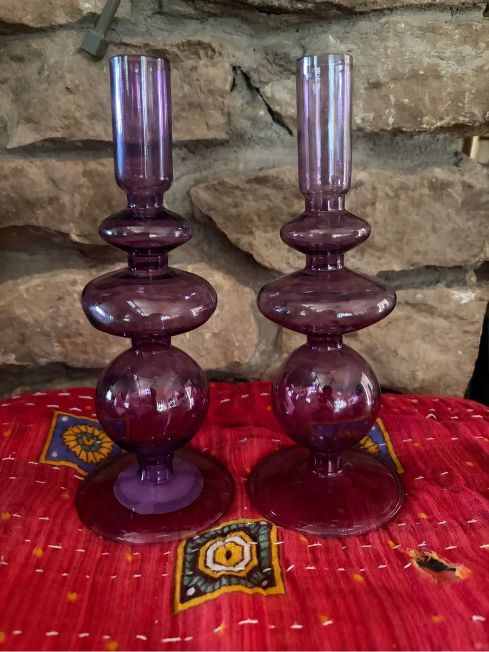 NWT Purple Bubble Glass Taper Candle Candlestick Pair 2 PC 9”